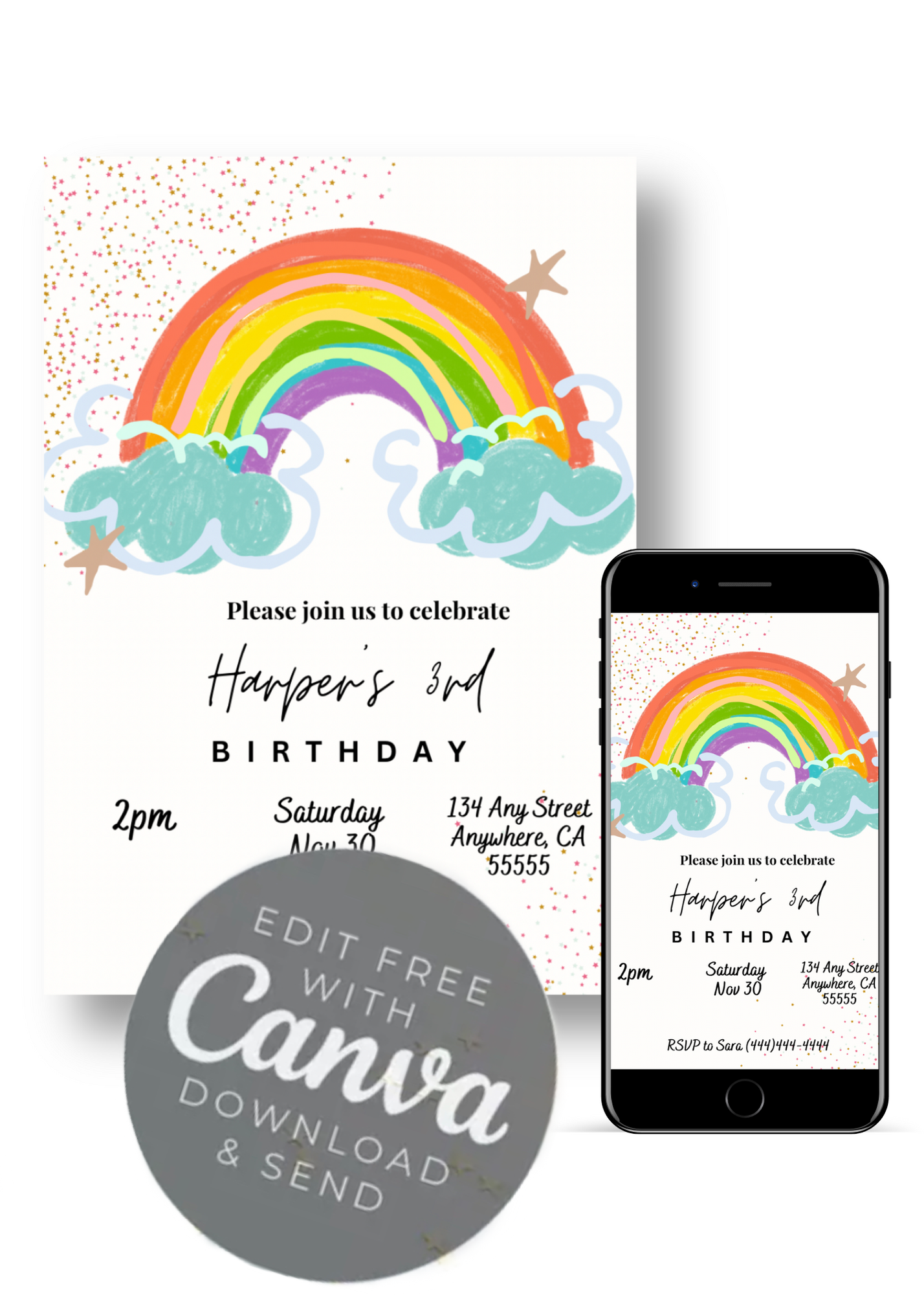 Editable Digital Download: Rainbow Party Invitation