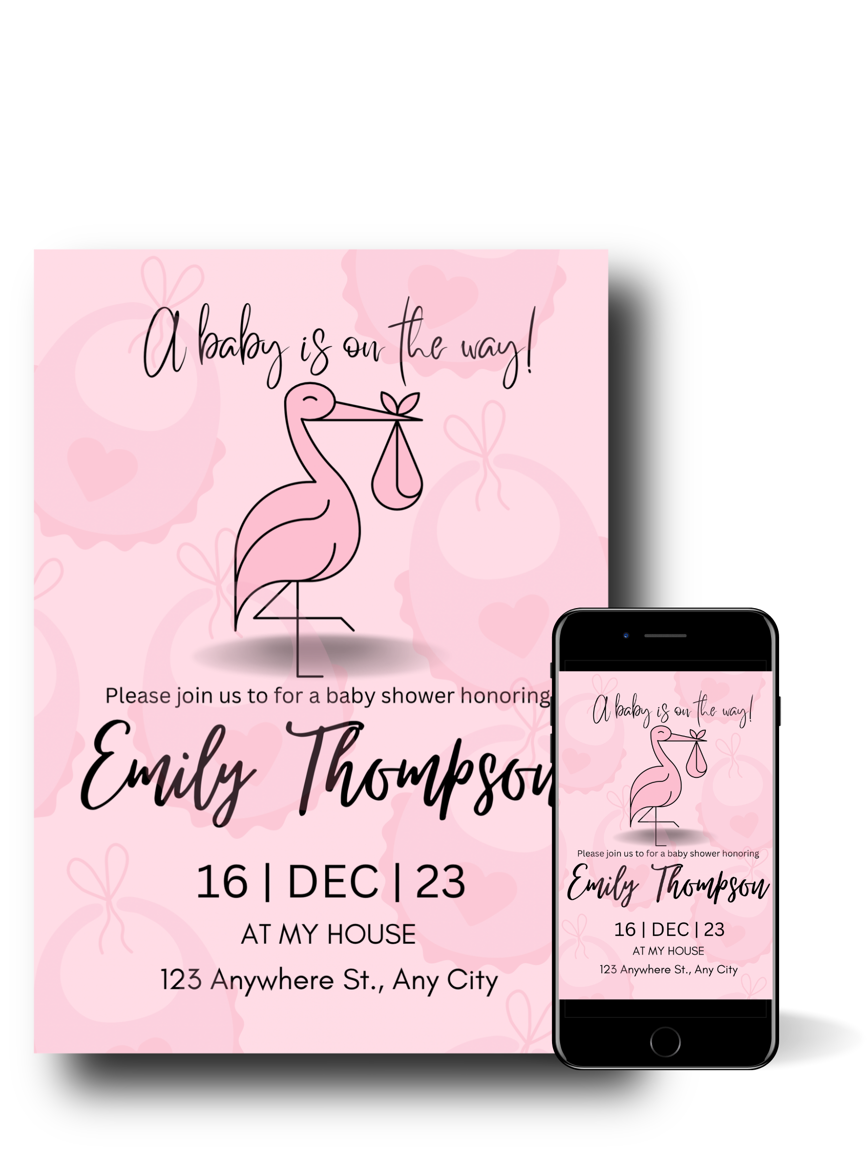 Editable Digital Download: Baby Girl Stork Baby Shower Party Invitation