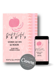 Editable Digital Download: Back To School Pink Apple Party Invitation