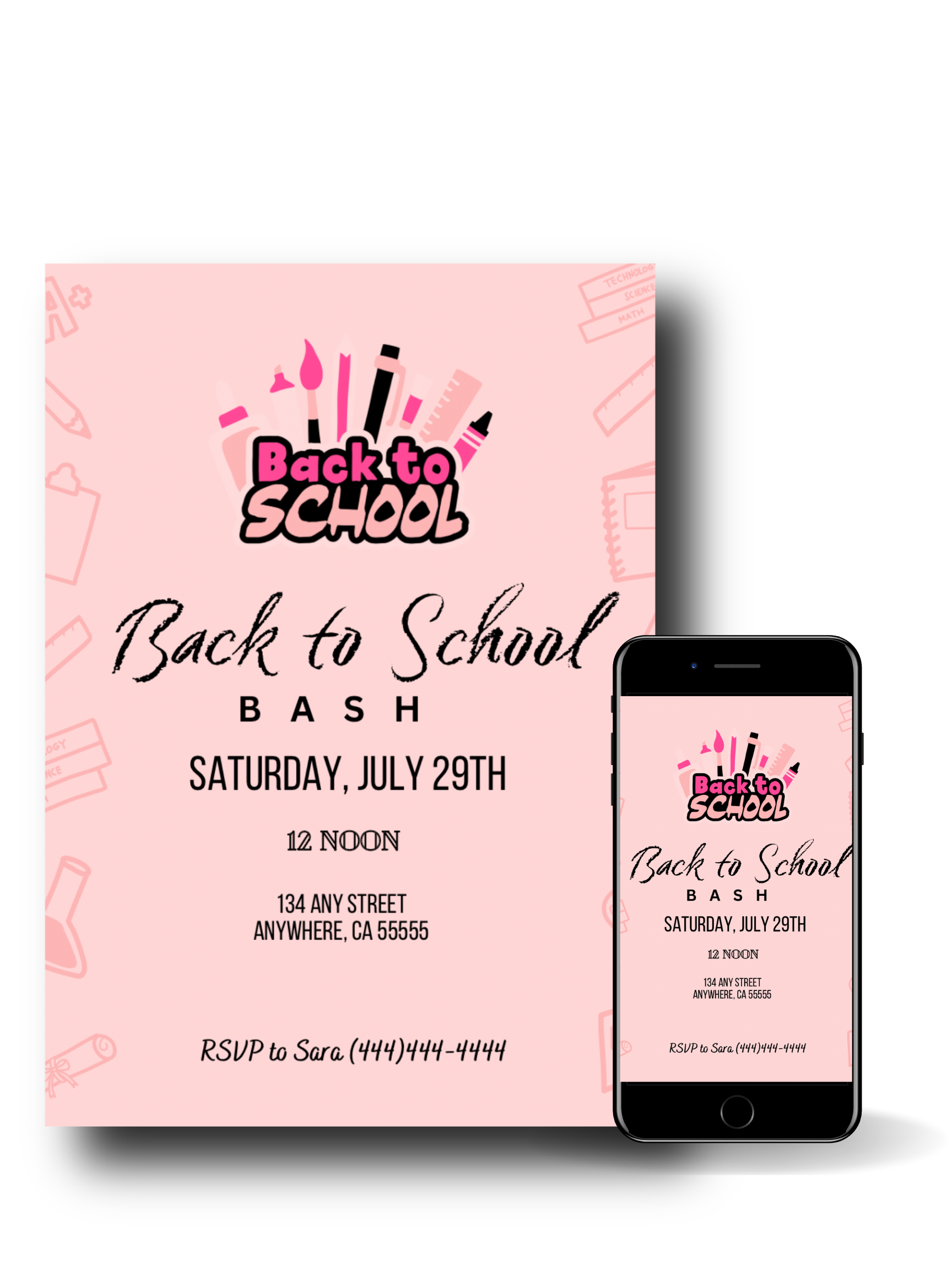 Editable Digital Download: Back To School Pink Party Invitation