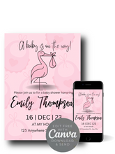 Load image into Gallery viewer, Editable Digital Download: Baby Girl Stork Baby Shower Party Invitation
