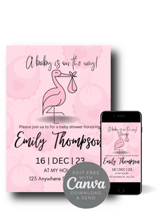 Editable Digital Download: Baby Girl Stork Baby Shower Party Invitation