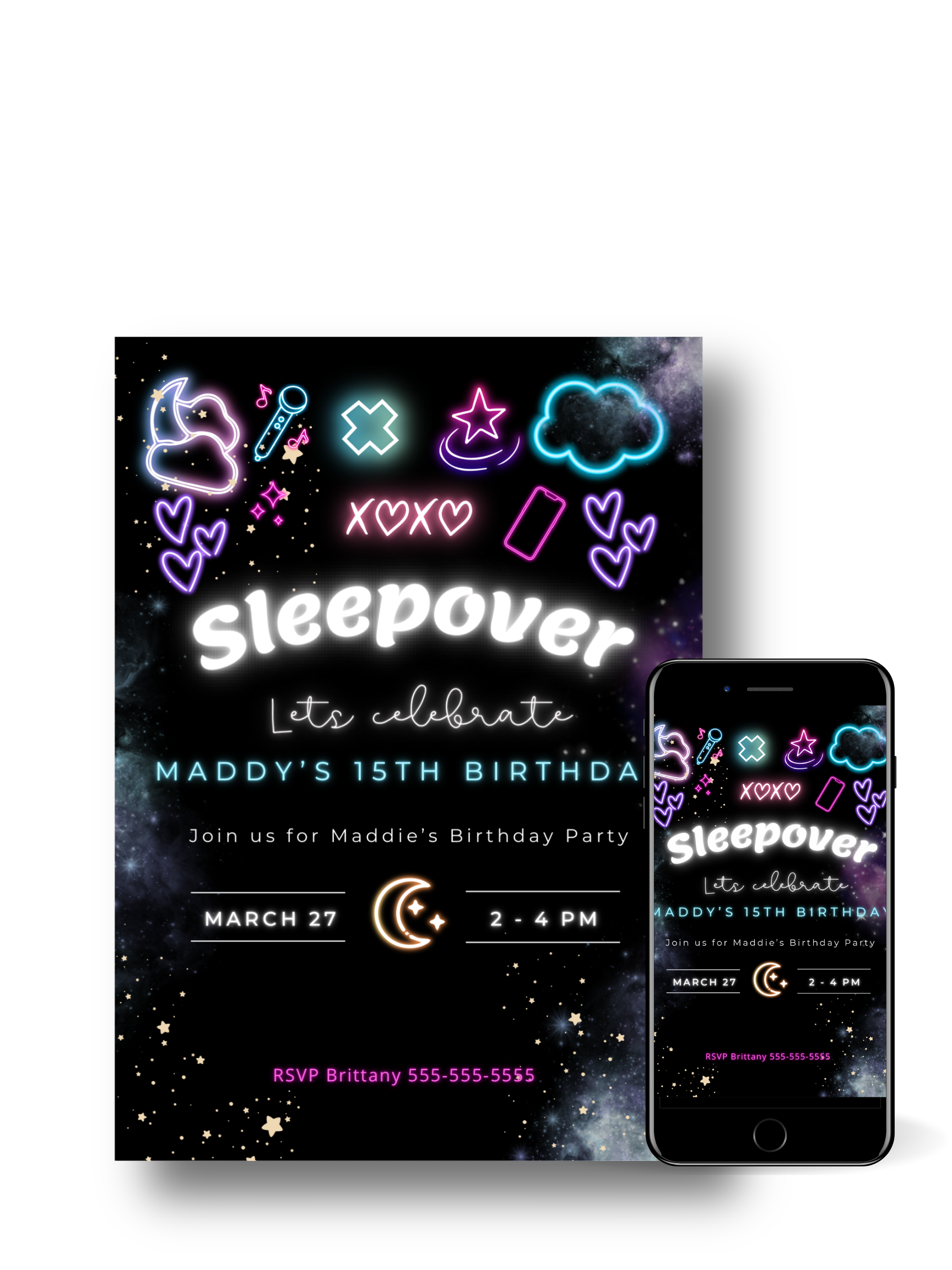 Editable Digital Download: Neon Slumber Party Birthday Invitation