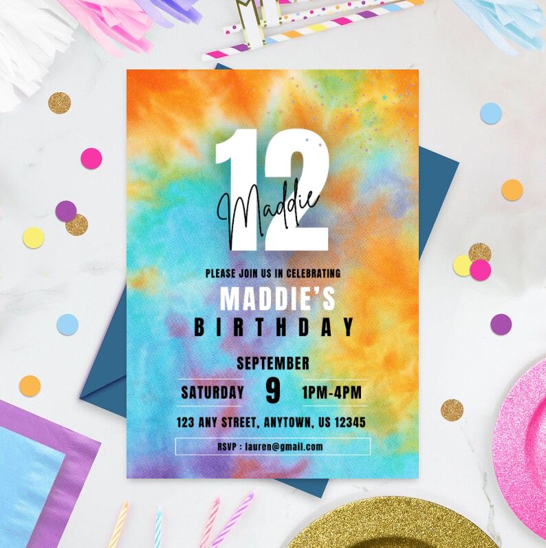 Editable Digital Download: Tie Dye Party Invitation