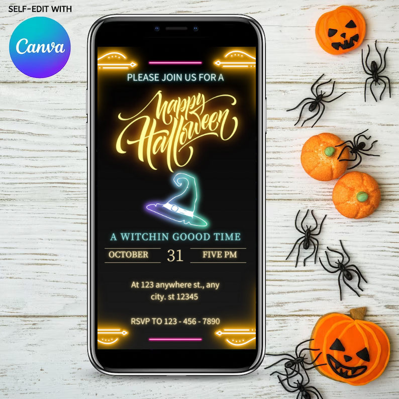 Editable Digital Download: Neon Halloween Invitation