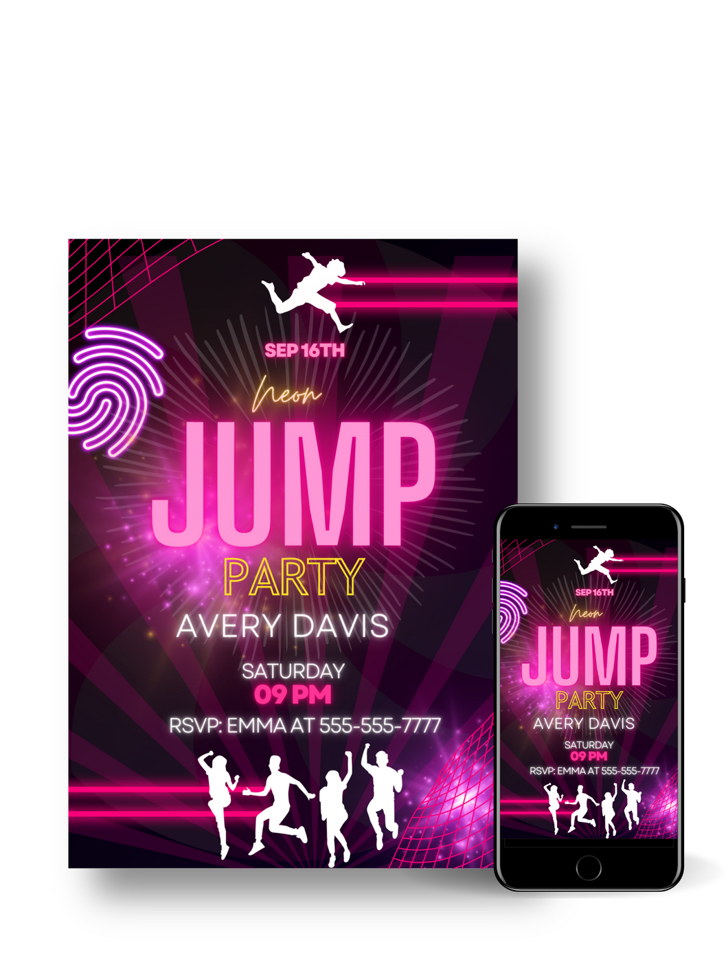 Editable Digital Download: Neon Jump Birthday Invitation