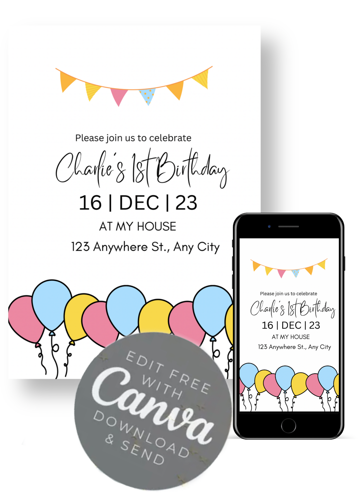 Editable Digital Download: Balloon + Banner Party Invitation