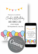 Load image into Gallery viewer, Editable Digital Download: Balloon + Banner Party Invitation

