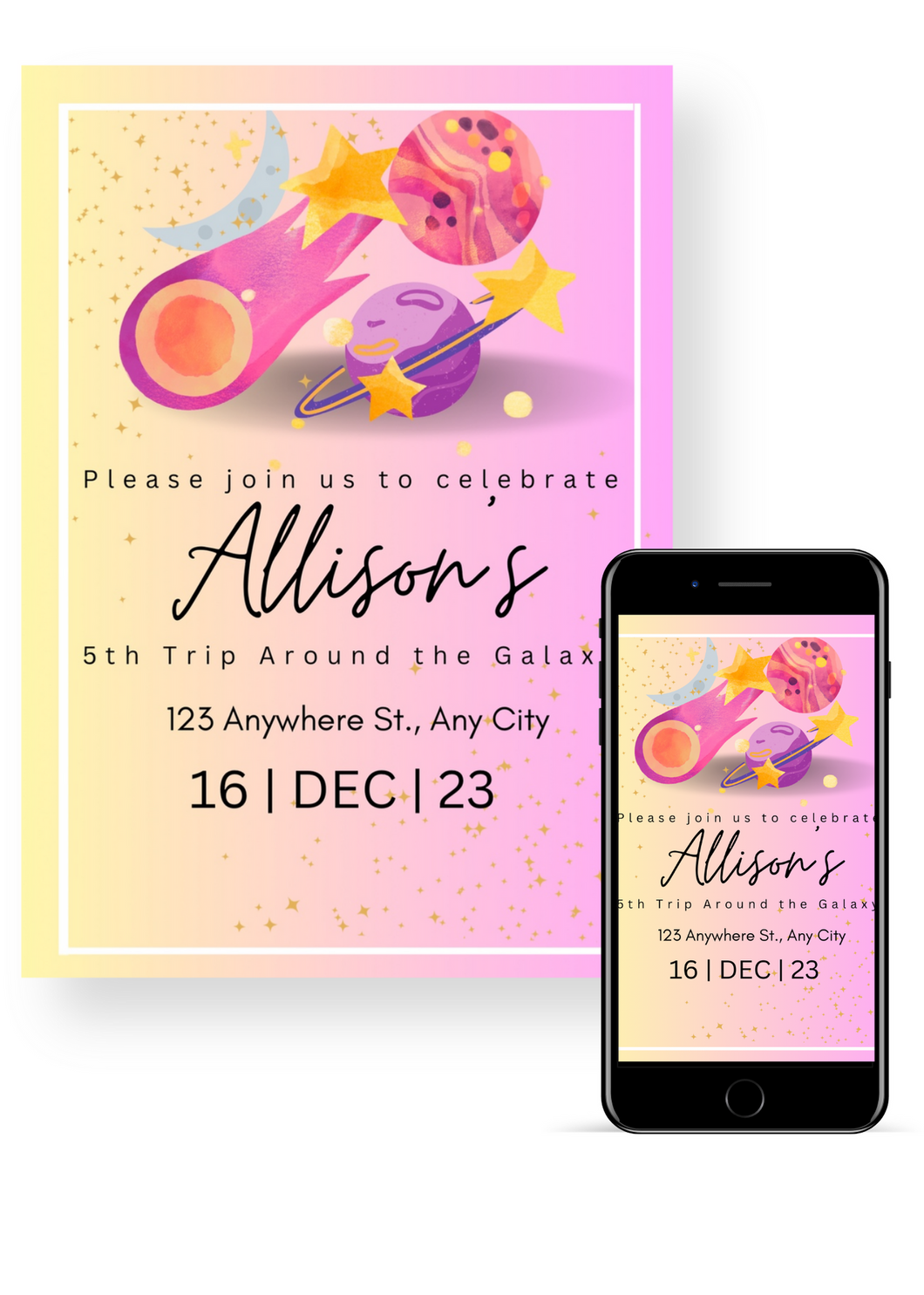 Editable Digital Download: Girls Space Party Invitation