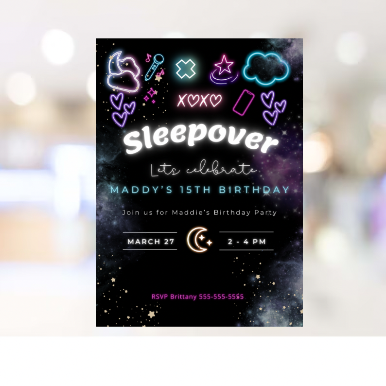 Editable Digital Download: Neon Slumber Party Birthday Invitation