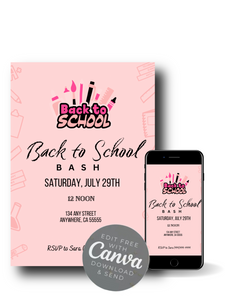Editable Digital Download: Back To School Pink Party Invitation