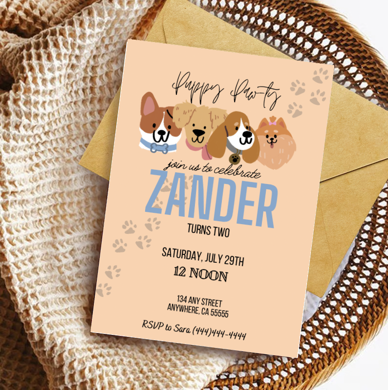 Editable Digital Download: Puppy Party Blue Invitation