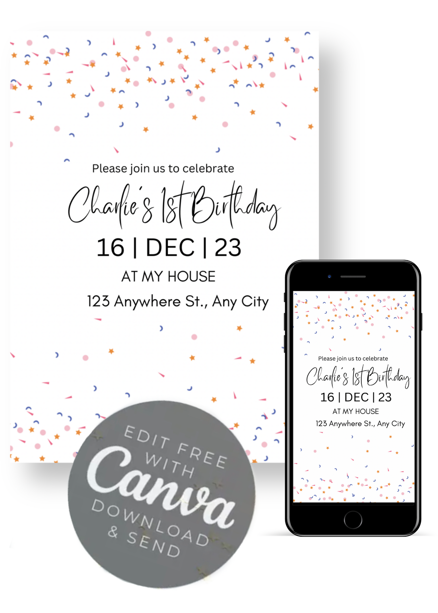 Editable Digital Download: Traditional Confetti Party Invitation