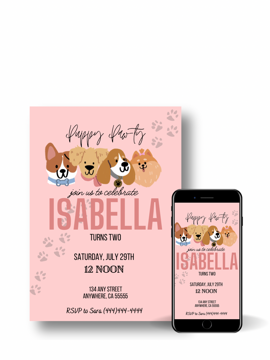 Editable Digital Download: Puppy Party Pink Invitation