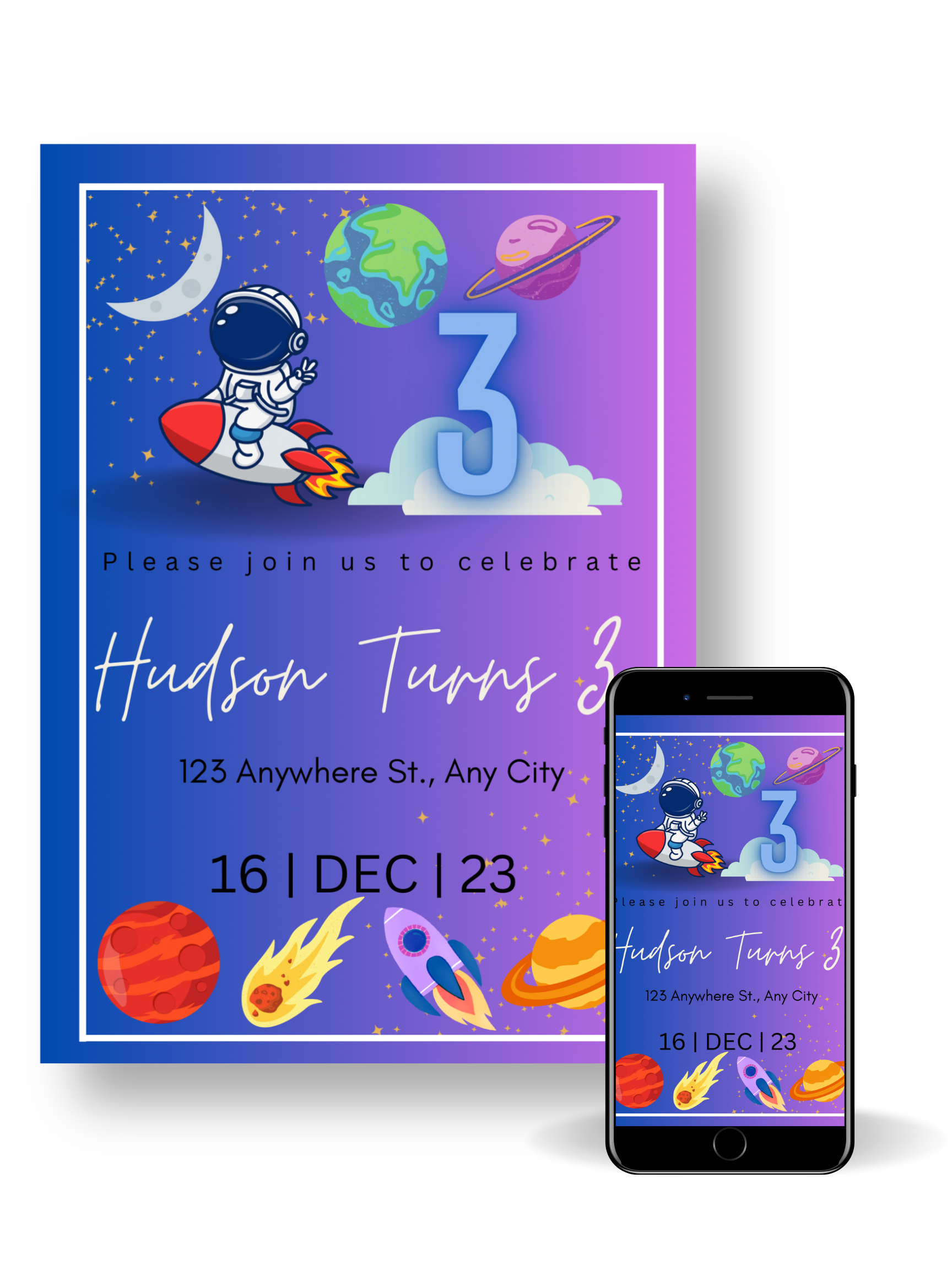 Editable Digital Download: Boy Space Party Invitation