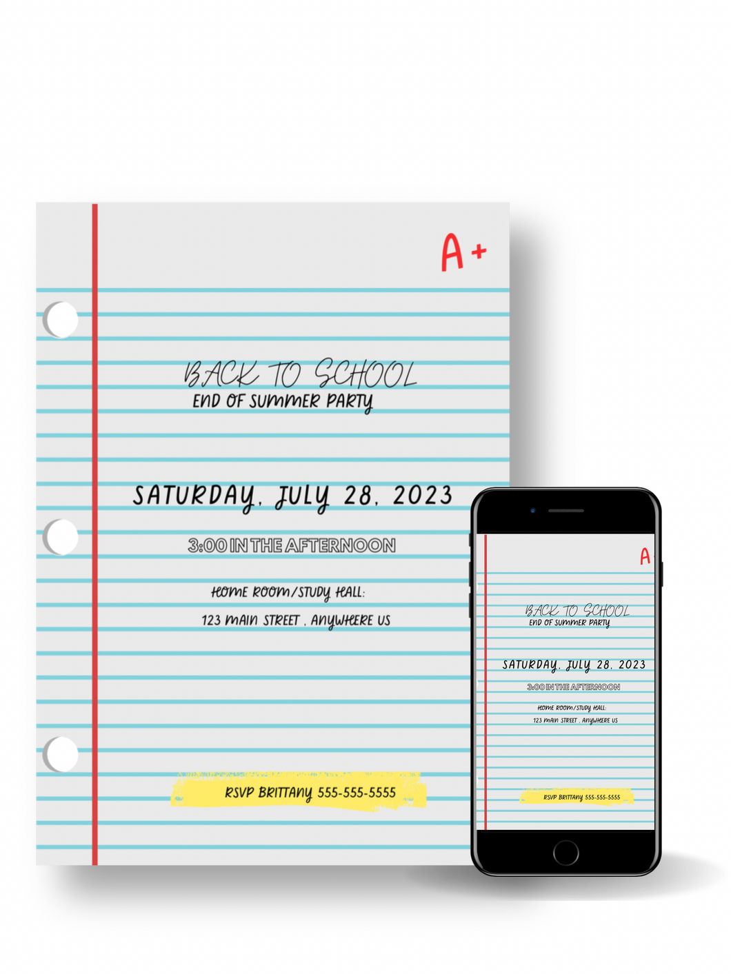 Editable Digital Download: Notebook Paper Back to School Party Invitation