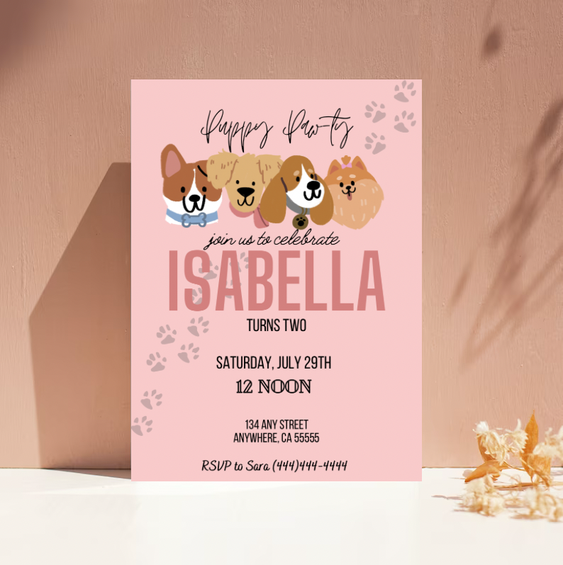 Editable Digital Download: Puppy Party Pink Invitation