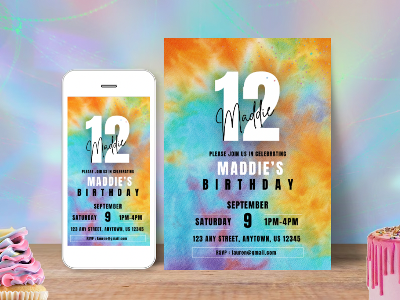 Editable Digital Download: Tie Dye Party Invitation