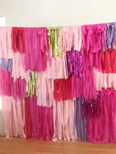 Load image into Gallery viewer, 4 Piece - 8 ft wide Tablecloth Fringe Backdrop Colorblock Fringe Tassel &quot;Wall&quot;, Flagtape Backdrop, Fringe Backdrop, Birthday, Party Theme, C
