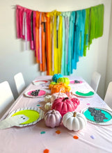 Load image into Gallery viewer, Glam Fete x Lule Bloom Halloween Collab Plastic Tablecloth Fringe Backdrop, Vynl fringe, flag tape, flagging tape, photo backdrop, picture backdrop, Halloween, space, planet, theme
