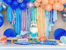 Load image into Gallery viewer, Blue Dog Tablecloth Fringe Backdrop, Flagtape Backdrop, Fringe Backdrop, Birthday, Party Theme
