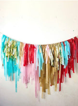 Load image into Gallery viewer, Christmas Tablecloth Fringe Backdrop, Flagtape Backdrop, streamer wall  Fringe Backdrop, Birthday, Party Theme, Customizable
