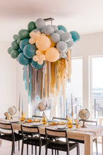 Load image into Gallery viewer, Back to School 3 piece ceiling installation, plastic fringe, streamers, streamer wall, balloon installation inspiration, party fringe, hanging install
