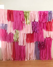 Load image into Gallery viewer, 4 Piece - 8 ft wide Tablecloth Fringe Backdrop Colorblock Fringe Tassel &quot;Wall&quot;, Flagtape Backdrop, Fringe Backdrop, Birthday, Party Theme, C
