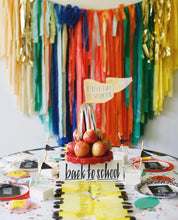 Load image into Gallery viewer, Back to School Plastic Fringe Backdrop Plastic Tablecloth Fringe Backdrop &quot;Wall&quot;, Flagtape Backdrop, Fringe Backdrop, Birthday, Party Theme,
