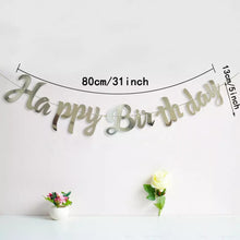 Load image into Gallery viewer, Happy Birthday Script Banner Bunting Hanging Flag Garland Party Decor Banner Silver Mirror Paper Boy Girl Baby Birthday Sign
