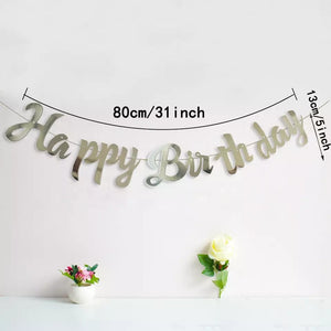 Happy Birthday Script Banner Bunting Hanging Flag Garland Party Decor Banner Silver Mirror Paper Boy Girl Baby Birthday Sign