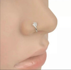 Faux Silver/ Gold Nose RingSmall Thin Flower Clear Crystal Nose Ring Stud Hoop-Sparkly Crystal Nose Ring