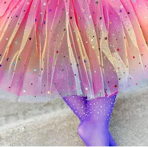 Girls Pastel Rainbow Sparkle Tutu Skirt Pentagram Sequin Christmas 3 Layered Elastic Puffy Tulle Skirt