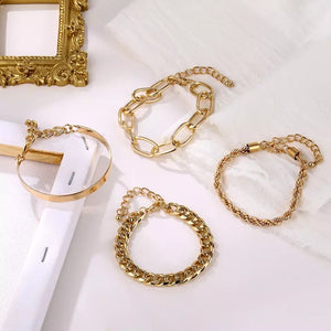 4 piece Women’s Cuban Link Bracelet Set  Bracelet for Women 14K Gold Plated Dainty Link Beads Bracelets Adjustable Layered Metal Link Bracelet