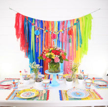 Load image into Gallery viewer, Tablecloth Fringe Backdrop, Flagtape Backdrop, streamer wall  Fringe Backdrop, Birthday, Party Theme, Customizable
