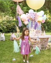 Load image into Gallery viewer, 5 strand plastic fringe backdrop, party steamers, plastic streamers, unicorn theme party backdrop, plastic fringe, tablecloth fringe
